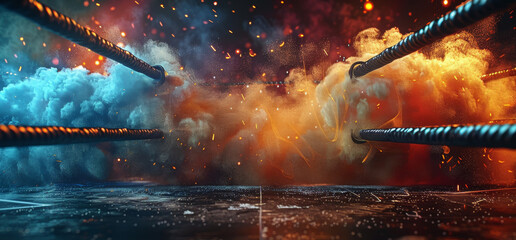 Aufkleber - Boxing ring, dynamic shot, colored dust, black background. Generative AI.