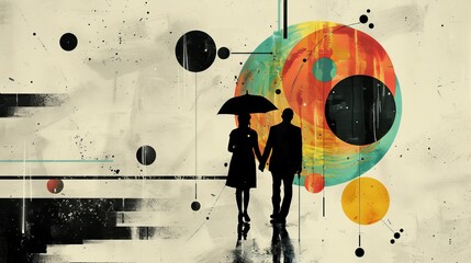 Poster - This monochrome image depicts a man and a woman walking under an umbrella while looking at color abstract elements of space and planets. It is a contemporary artwork expressing the concepts of