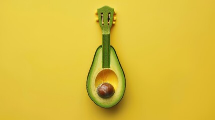 Poster - Avocado half shaped like a guitar on a bright yellow background. Contemporary art. Concept of surrealism, pop art, creativity, imagination.