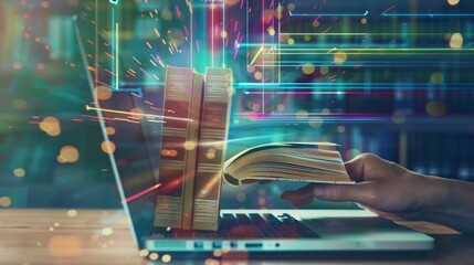 Poster - Online courses and libraries access. Conceptual art in conjunction with textbooks and video learning. Online education, e-learning, modern technologies, and innovations.