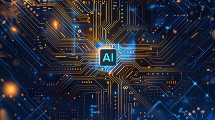 Wall Mural - Advanced Technology Concept Visualization: Circuit Board Processor Microchip Starting Artificial Intelligence Digitalization of Neural Networking and Cloud Computing. High quality AI generated image