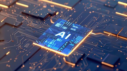 Wall Mural - Advanced Technology Concept Visualization: Circuit Board Processor Microchip Starting Artificial Intelligence Digitalization of Neural Networking and Cloud Computing. High quality AI generated image