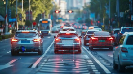 Canvas Print - A busy street with cars and a yellow car in the middle