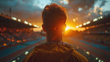 sportsman with golden olympic medal stands on olympic sport stadium, moment of euphoria during summe