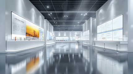 Poster - A row of booths in front of an exhibition wall composed of screens and pictures. On the booths are many white industrial models of chemical plants and petroleum refineries. Generative AI.