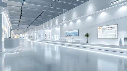 Aufkleber - A row of booths in front of an exhibition wall composed of screens and pictures. On the booths are many white industrial models of chemical plants and petroleum refineries. Generative AI.