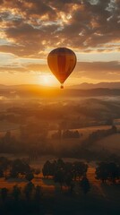 Wall Mural - serene hot air balloon ride at breathtaking sunrise or sunset with majestic mountain landscape scene