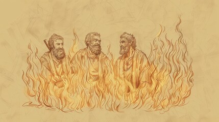 Wall Mural - Unharmed Shadrach, Meshach, and Abednego in Fiery Furnace - Biblical Watercolor Art