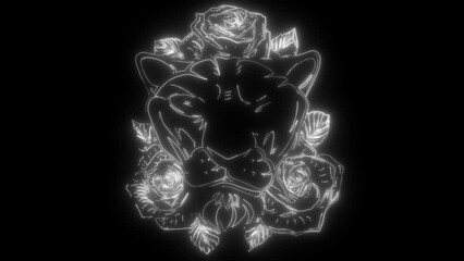 Poster - white silhouette of Lion with roses and leaves on black background