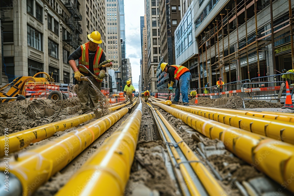Construction work for replacement of engineering pipes. Workers ...