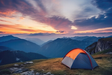 Poster - Serene Mountain Sunset with a Cozy Camping Tent