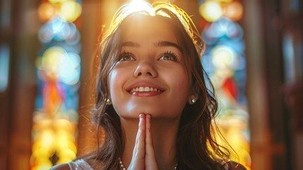 Wall Mural - Woman Prays With Church Lights Behind