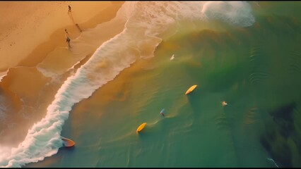 Poster - Shot from an aerial perspective showing surfers on a sunny beach awaiting a wave