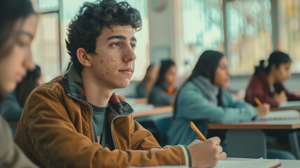 Poster - The young people of the university are listening to a lecture in an attentive manner and writing in their notebooks.