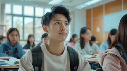 Poster - Young Asian Man in the Classroom Attending a Lecture while Taking Notes. Young Bright People Taking Notes While Attending a Lecture.