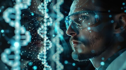 Poster - The Transparent Display Computer in the Futuristic Laboratory shows sequenced human DNA on the screen. Portrait of a male scientist.