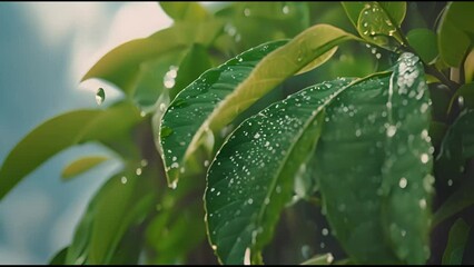 Poster - The drops of water hold onto the leaves after the rain on a focused sky background