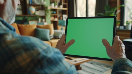 Poster - Hands of a man using hand gestures on a mock-up screen as he sits at his desk, facing a green mock-up screen digital tablet in portrait mode. In the background, a cozy living room.
