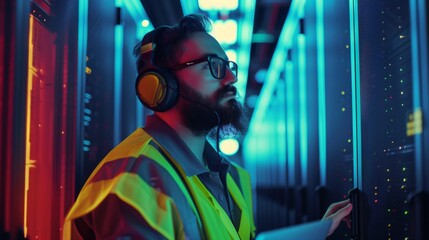 Canvas Print - Taking notes on his laptop next to servers in a data center with glasses and headphones on. Wearing a high visibility vest, he is wearing a helmet at the same time.