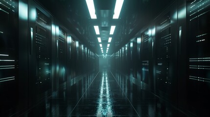 Wall Mural - The dark modern data center consists of rows of operating server racks. The picture shows modern hi-tech concepts such as cloud computing, artificial intelligence, supercomputers, and cybersecurity.