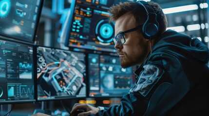 Poster - Engineer in glasses working on transmission gears in an innovative laboratory equipped with computer screens.