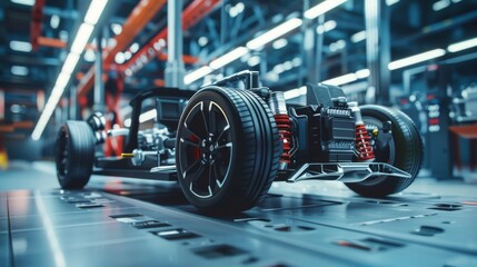 Poster - Photo of Automotive Concept: Authentic Electric Car Platform Chassis with Wheels, Engine, Brakes, and Battery in Innovative Automotive Design Facility. Focus on Axel and Engine.