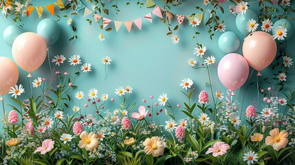 Summer Time, BBQ Party with Pastel Decorations: A lively drawing of a BBQ party with pastel-themed decorations, balloons, and buntings, surrounded by blooming spring flowers. Illustration image,