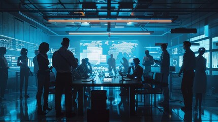 Poster - Meeting of engineers in Technology Research Laboratory: Engineers, Scientists, and Developers meeting around an illuminated conference table to discuss industrial engine designs and come up with