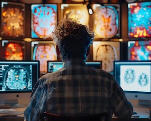 Aufkleber - neuroscientist mapping neural waves inspiring creative artworks on futuristic displays