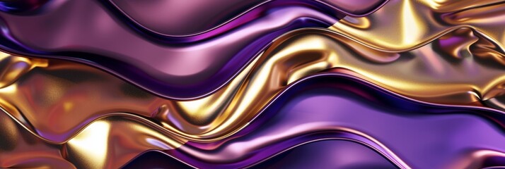 Leinwandbilder - A 3D background with wavy golden and purple metallic textures. Generative AI.