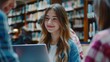© Антон Сальников - Students Discuss, Learn, and Study Together for Exams in University Library. A talented Caucasian girl uses her laptop, and a helpful classmate explains and advises her with her class assignment.
