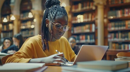 Poster - a gifted black girl uses a laptop, writes notes for the paper, essays, studies for a class assignmen