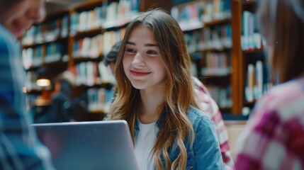 Poster - Students Discuss, Learn, and Study Together for Exams in University Library. A talented Caucasian girl uses her laptop, and a helpful classmate explains and advises her with her class assignment.