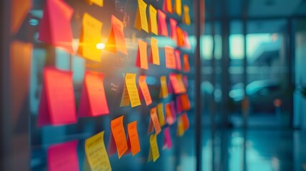 Poster - Vibrant and Focused Brainstorming Session with Sticky Notes on Glass Wall in Business Strategy Concept