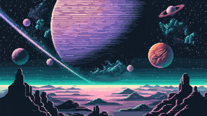 Wall Mural - Generative ai purple or violet space planet surface and galaxy landscape. 8Bit pixel art game scene, comes to life with charmingly retro planetary terrain, creating an immersive gaming experience