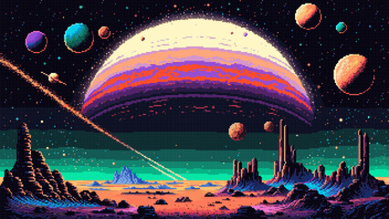Wall Mural - Generative ai. Alien galaxy space planets landscape and stars. Ai generated 8 bit pixel art game scene with vibrant hues, jagged mountains, neon flora, and a cosmic sky dotted with shimmering stars