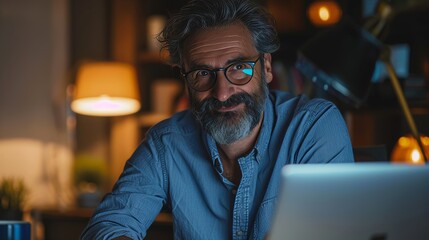 Poster - This is a handsome and successful middle aged bearded businessman working at his desk using a laptop computer. He smiles at the camera, working at night in a cozy home office studio with a window.