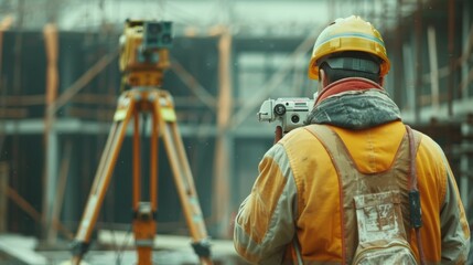 Poster - Using theodolite for angular measurements in horizontal and vertical planes. Hard hatted worker making building projections.