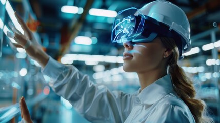 Poster - Female engineer wears augmented reality headset and uses mixed reality software to map manufacturing plant floors for future machinery.