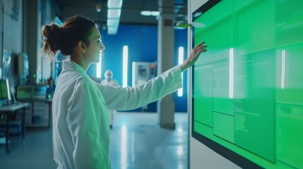 Poster - female engineer presents report to a group of engineers and managers on interactive green mock-up sc