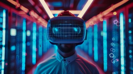 Poster - Male Caucasian IT server specialist working in data center wearing futuristic VR helmet and displaying cloud servers hexahedron icons.