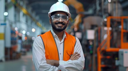 Poster - This portrait shows a handsome Indian engineer wearing a safety vest and hardhat, smiling with crossed arms in a modern manufacturing factory. The facility features CNC machines and robot arms.