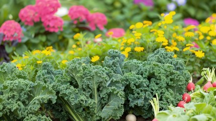 A bountiful vegetable garden showcasing rows of kale, turnips, and radishes, surrounded by colorful blooming flowers.