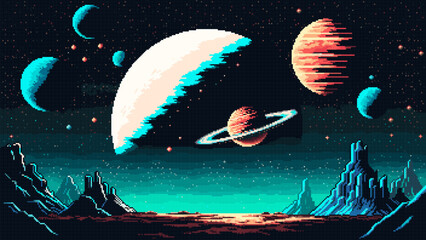Wall Mural - 8 bit pixel art space planet surface and galaxy landscape. Ai generated game scene background. Retro-inspired virtual world with pixelated alien planet land and far Universe starscape, 2d gaming level