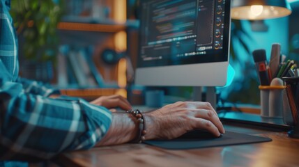 Poster - A Close-Up of a Specialist Working on a Desktop Computer in a Busy Creative Office Environment. A Manager First Types on a Keyboard then Uses the Mouse. He's wearing a craft bracelet.