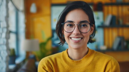 Poster - A young Latina with short dark hair and glasses poses for the camera in a creative office. A beautiful multiethnic Hispanic female is wearing a yellow jumper and is happy and smiling.