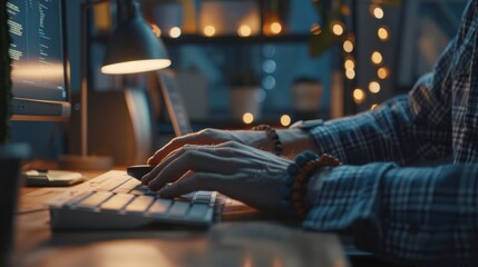 Poster - Closeup of male hands working on a desktop computer in a busy creative office. Manager types on a keyboard and uses a mouse. He wears a bracelet made out of wood.