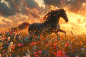 A unicorn with a flowing mane, rearing up on its hind legs in a vibrant meadow filled with wildflowers, illuminated by a golden sunset with deep shadows and a high contrast, dreamy color palette