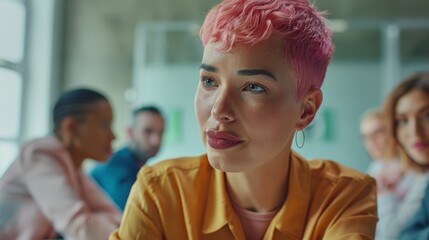Poster - Professional Businesspeople Discuss Firm Strategy with Beautiful Specialist with Short Pink Hair. Creative Startup Team Discusses Big Project in a Meeting Room.