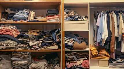 Wall Mural - A messy closet with clothes piled up on shelves